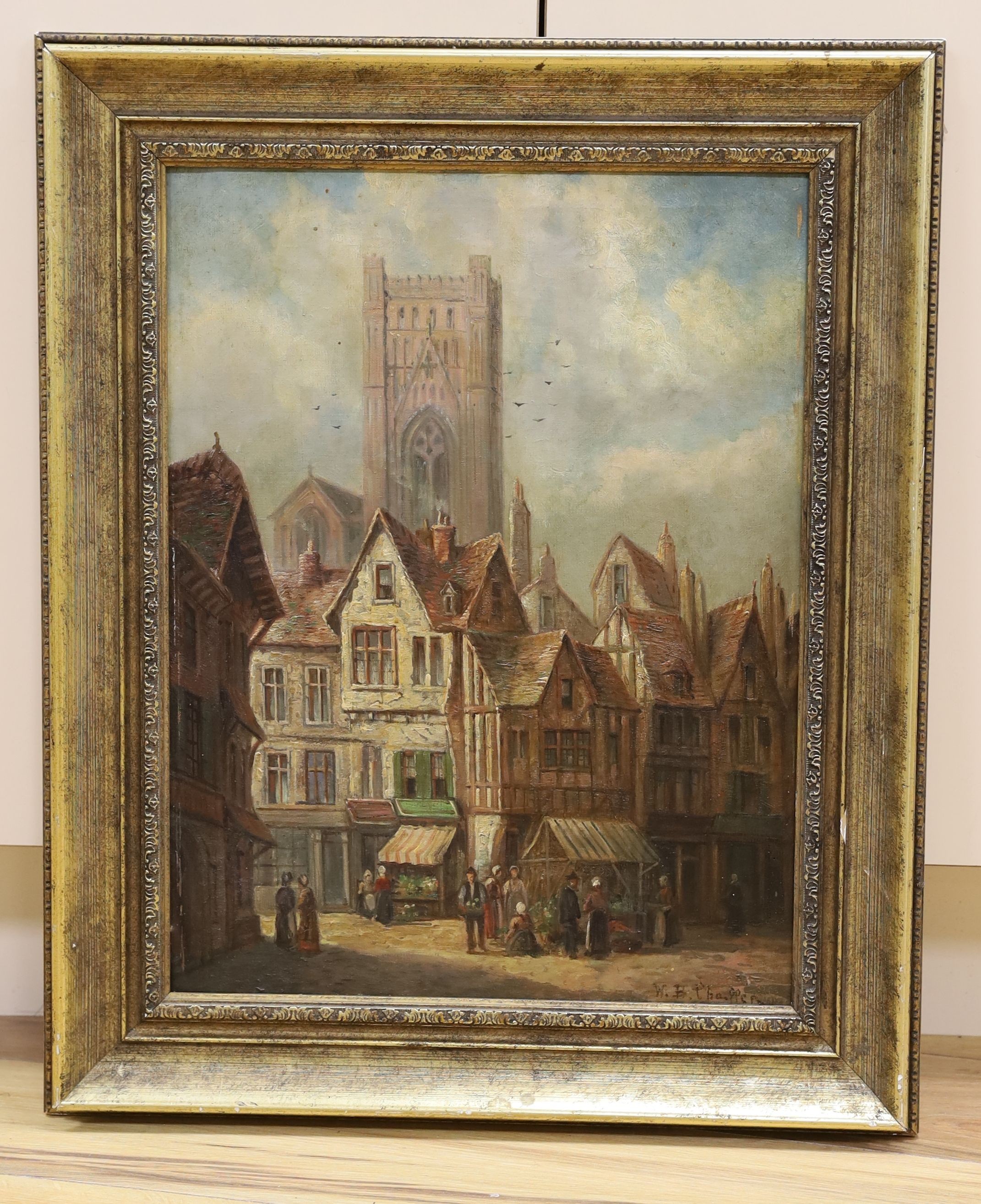 W B Chaffer, oil on canvas, Continental market town, signed, 48 x37cm